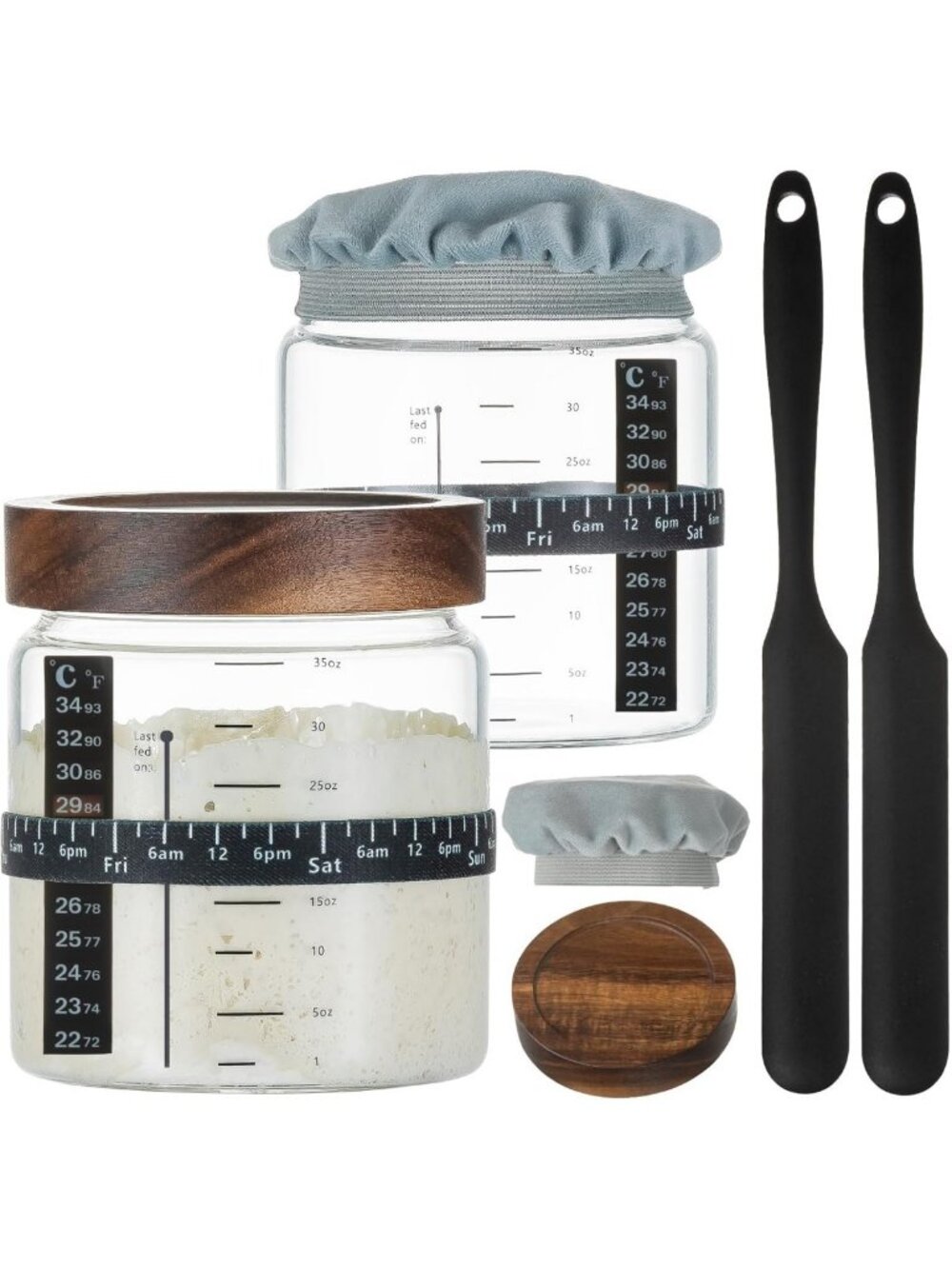 Sourdough Starter Jar Set - 2 Pack, 35oz, Ounce Scale, Date Marked, Thermometer